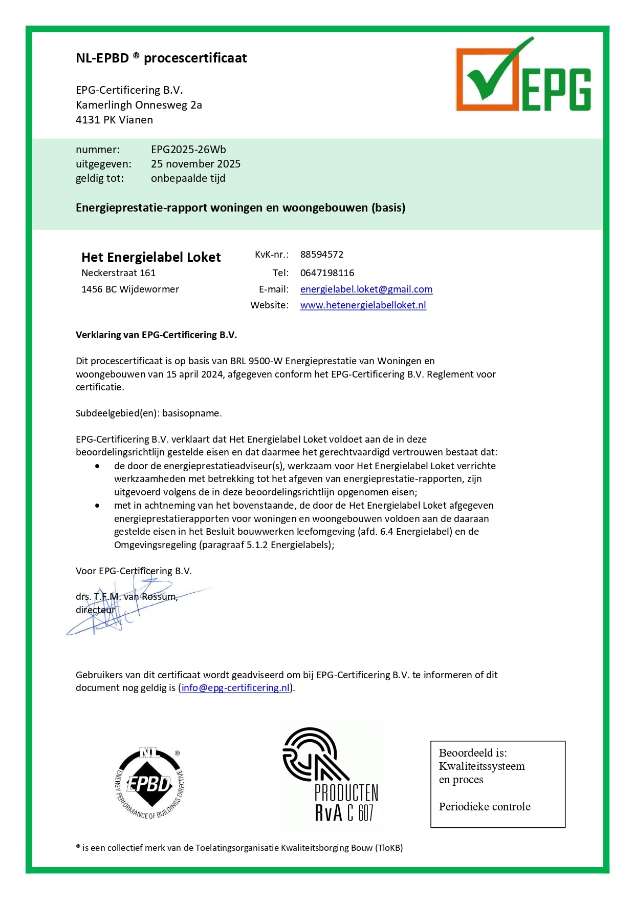 NL-EPBD® Procescertificaat - Het Energielabel Loket